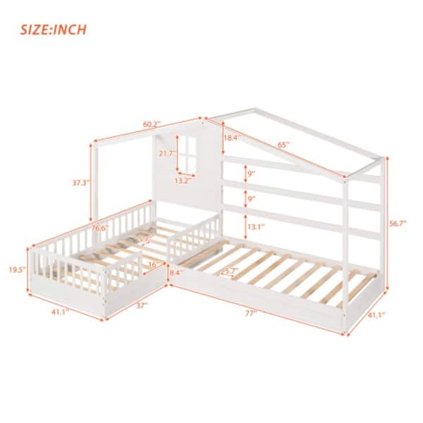 L Structure 2 Twin Wood House Bed with Fence & Slatted Frame,White