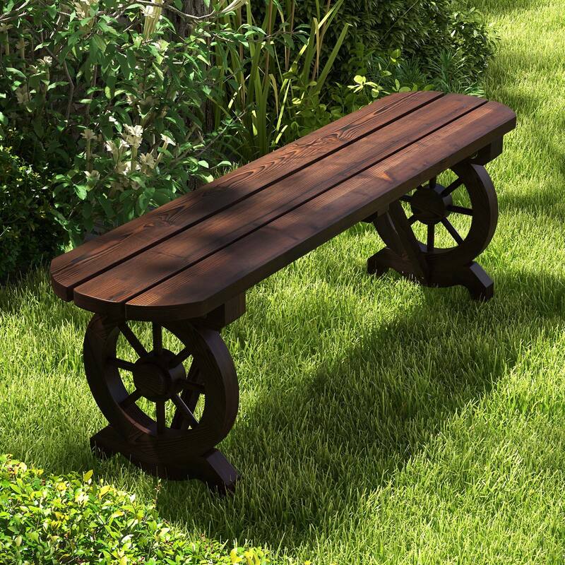 Costway Patio Rustic Wood Bench with Wagon Wheel Base Slatted Seat - See Details