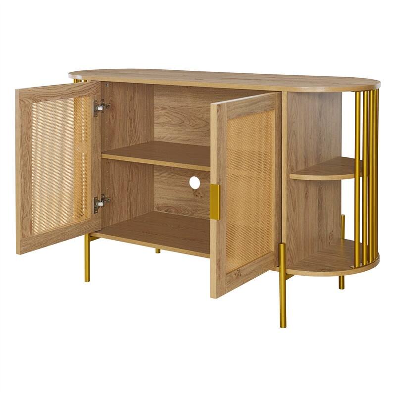 Elegant Curved Buffet Cabinet with 2 Woven Rattan Doors, Sideboard Accent Storage Cabinet with Storage Shelves & with Gold Trim