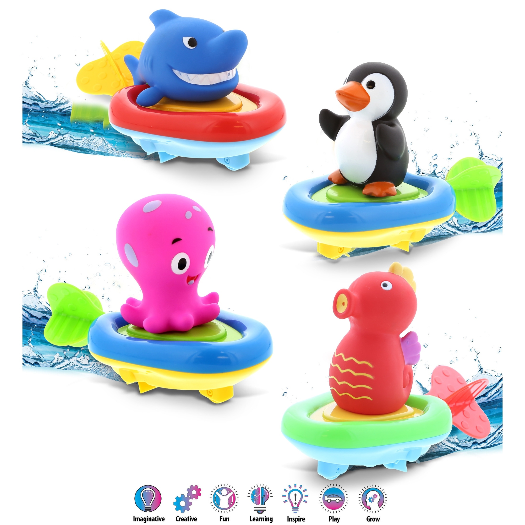 DolliBu Sea Life Boat Racers Bundle Set of 4 - 3-in-1 Bath Toy - Multicolor - 3x2.25x1.75 inches.