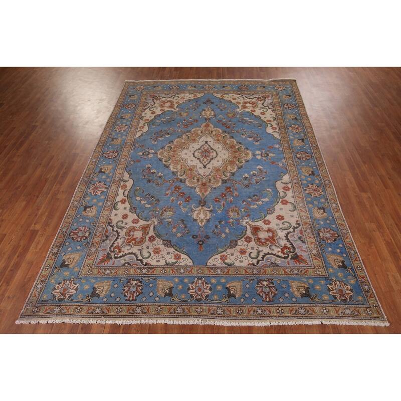Distressed Blue Tabriz Vintage Persian Area Rug Handmade Wool Carpet - 8'1" x 11'2"