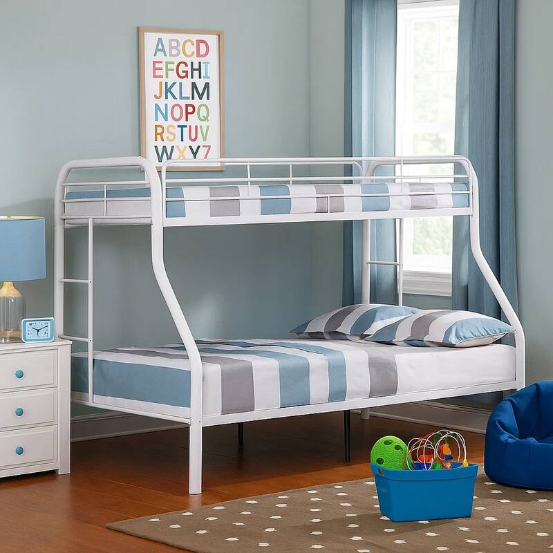 Fegy Twin over Full Bunk Bed with Ladder and Rails, White Metal Frame