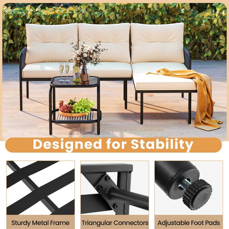 Gymax 3-Piece L Shaped Patio Furniture Set w/Tempered Glass Table Back