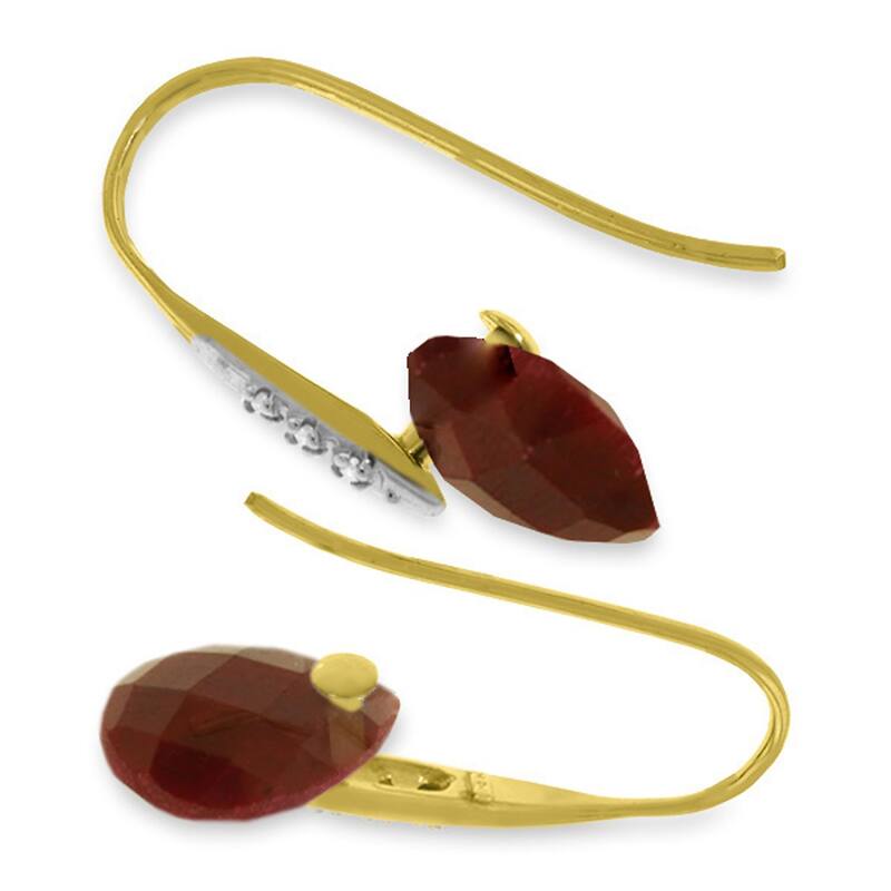 14K Solid Gold Fish Hook Earrings w/ Diamonds & Dangling Dyed Rubies