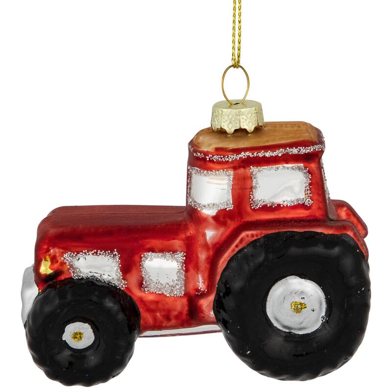 Tractor Glass Christmas Ornament - 3.5" - Red and Gold - 2.75"
