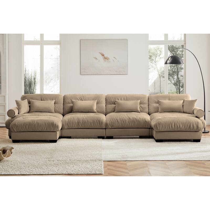 U-Shaped 4 Deep Seater Sectional Sofa with 2 Movable Ottomans & Pillows