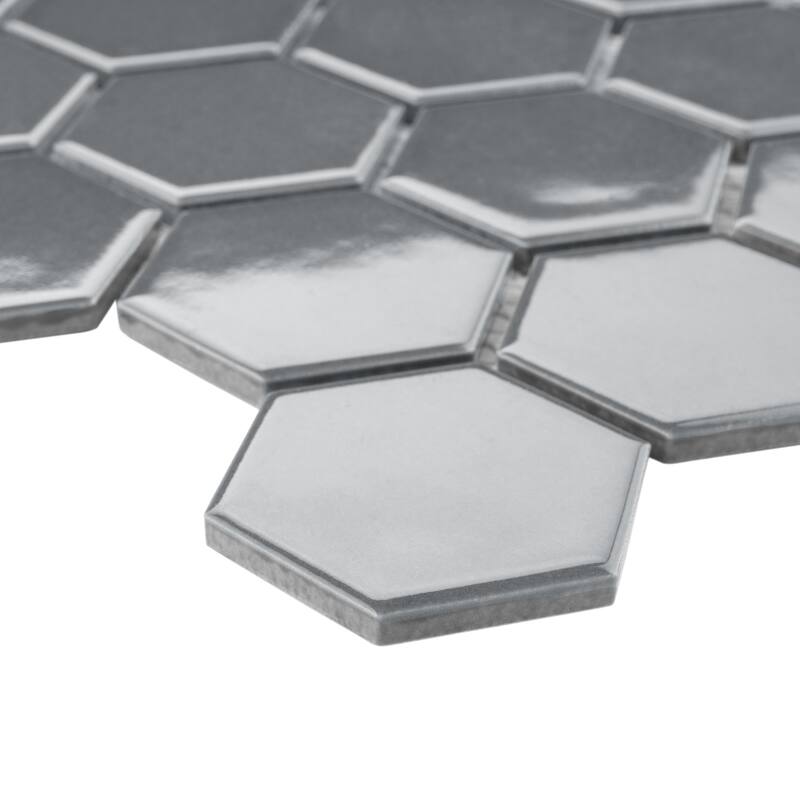 Merola Tile Metro 2" Hex Glossy Grey 11-1/8" x 12-5/8" Porcelain Floor and Wall Tile