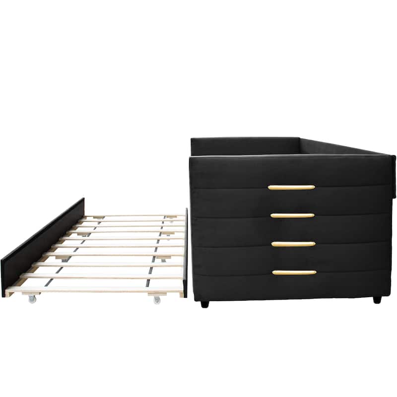 Black Velvet Upholstered Daybed with Gold Accent Strips & Trundle, Twin Sofa Bed for Bedroom, Livingroom, No Box Spring Required