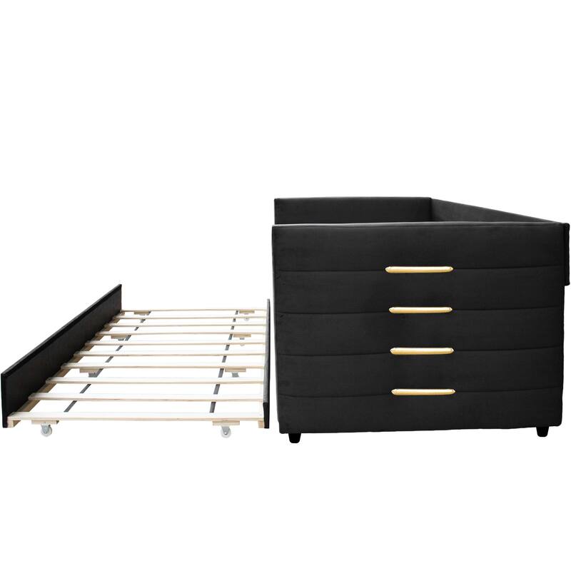 Modern Twin Daybed with Trundle – Upholstered Black Velvet Sofa Bed Featuring Gold Accents, Space-Saving Sleeper.