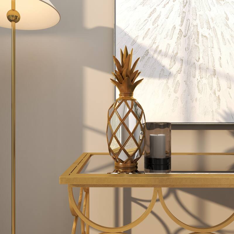 Gold Polystone Pineapple Fruit Decorative Sculpture with Mirror Accents
