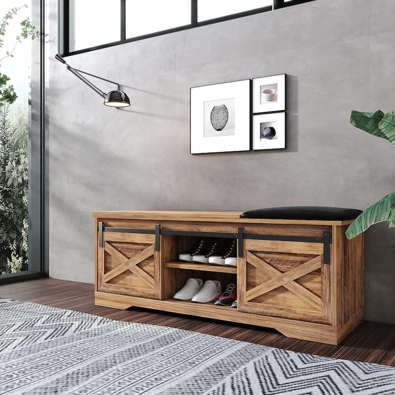 47" Farmhouse Shoe Bench with Padded Cushion, 2-Tier Shoe Storage Cabinet for Entryway - 47.24'x 15.35'x 17.72'
