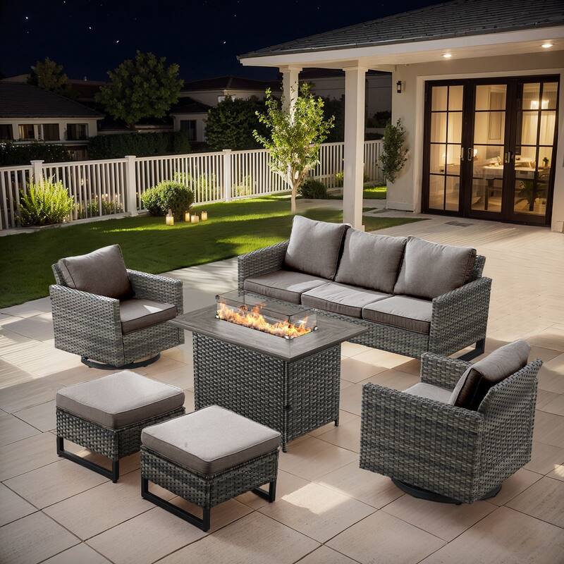 Outdoor Sofa 2 Swivel Chairs Ottomans and Fire Pit Table - Grey - Grey