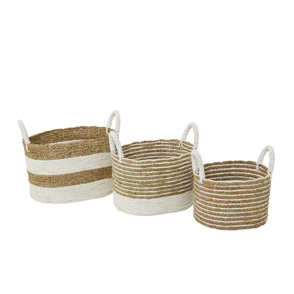 Seagrass Handmade Two Toned Storage Basket with Handles - Set of 3 Brown - CosmoLiving by Cosmopolitan