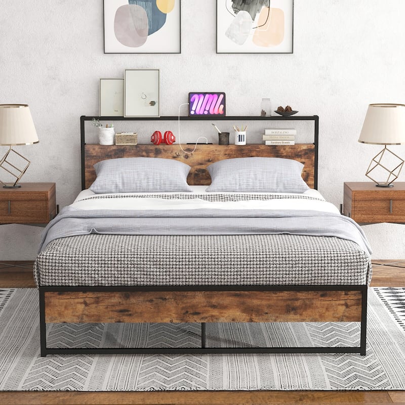 Gymax Queen Size Industrial Platform Bed Frame with Charging Station - Brown - Queen