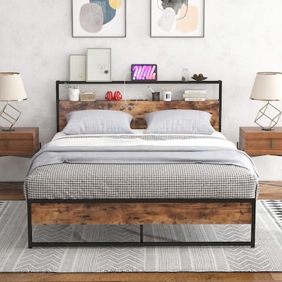 Gymax Queen Size Industrial Platform Bed Frame with Charging Station