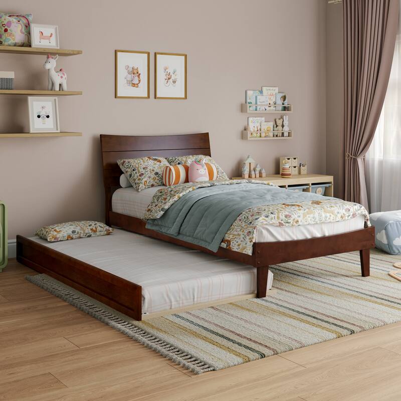 Phoenix Wood Platform Bed with Trundle - Walnut - Twin
