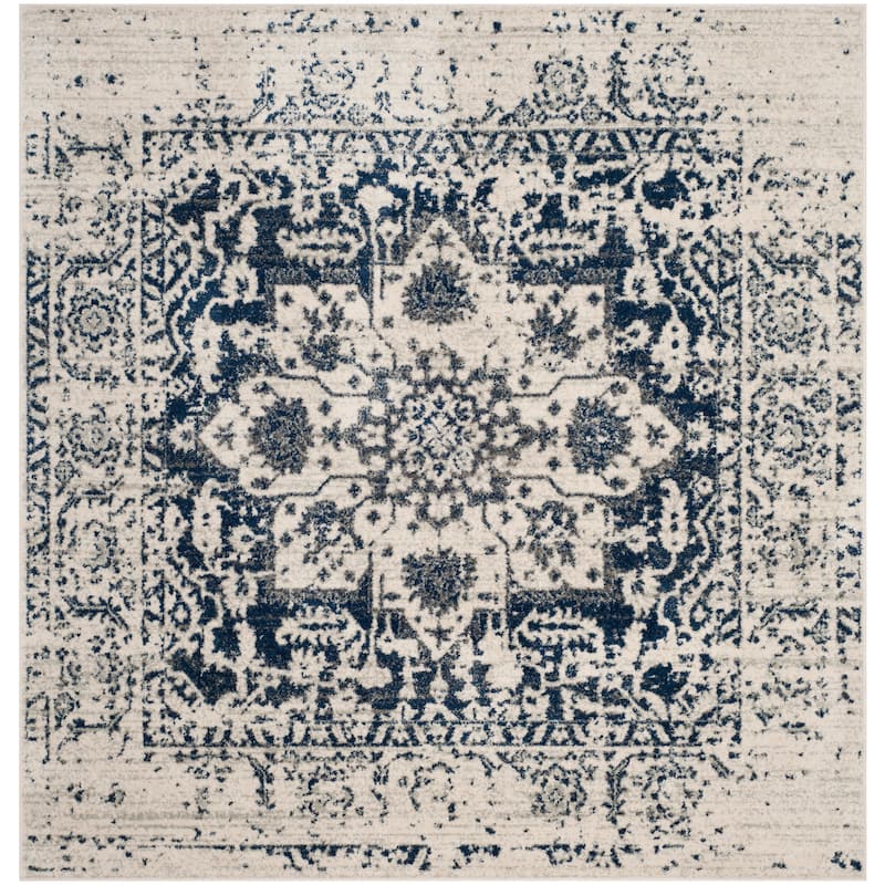 SAFAVIEH Madison Delois Medallion Rustic Farmhouse Distressed Rug - 6'7" Square - Cream/Navy
