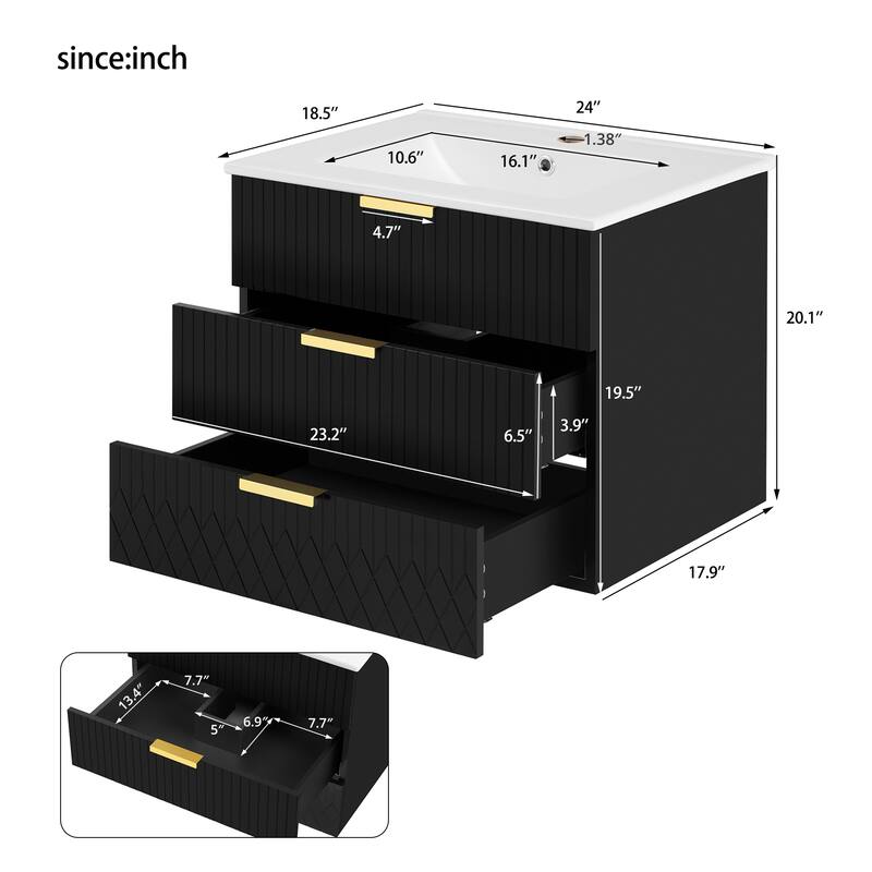 24-Inch Wall Mounted Bathroom Vanity with Sink, Floating Cabinet with Double Drawers and Ceramic Basin