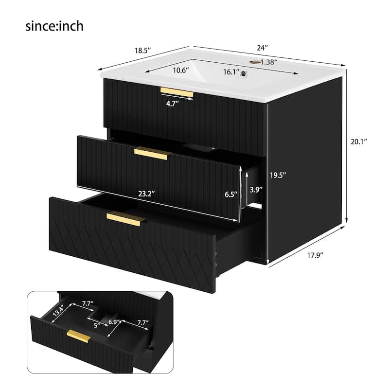 24 inch Wall Mounted Bathroom Vanity with Ceramic Sink, Side Cabinet & Single Hole Faucet