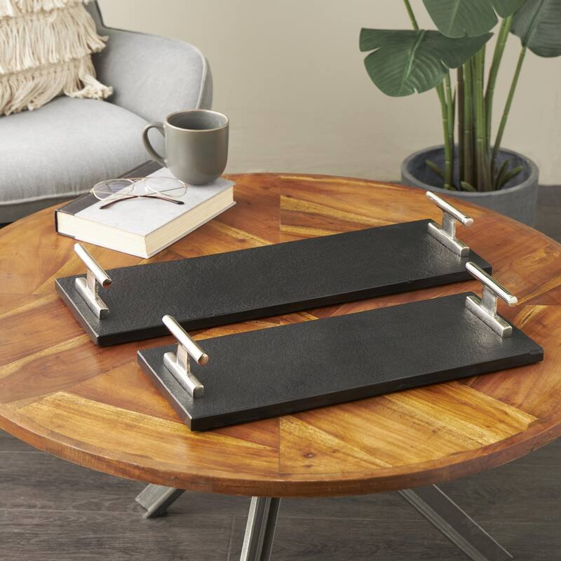 Marble Textured Living Room Decor Tray with Rod Handles - Set of 2 Black - Roche River Decor