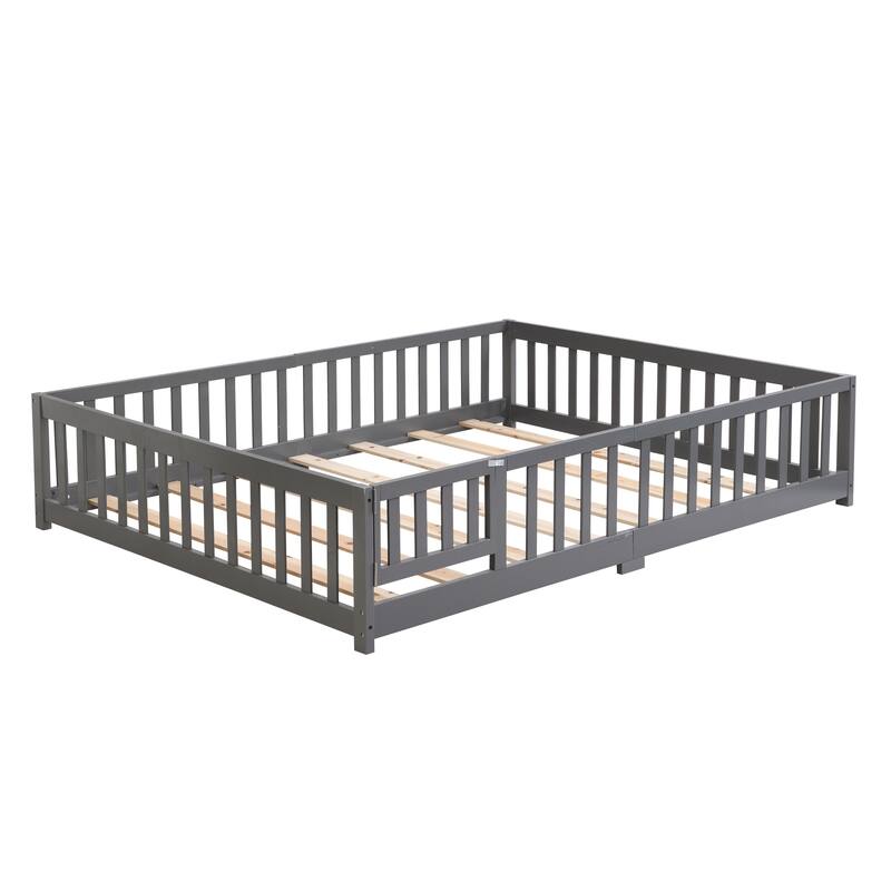 Twin Size Floor Bed with Door,Solid Wood Platform Bed Frame with Fence,Suitable for children,Pine Wood,Gray