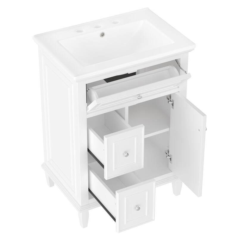 24" Bathroom Storage Vanity Cabinet with Ceramic Sink and Flip Drawer