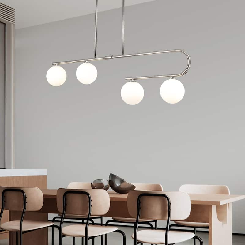 4-Light Modern Hanging Island Linear Chandelier Lighting Fixture with Glass Shade for Kitchen Foyer Dining Room