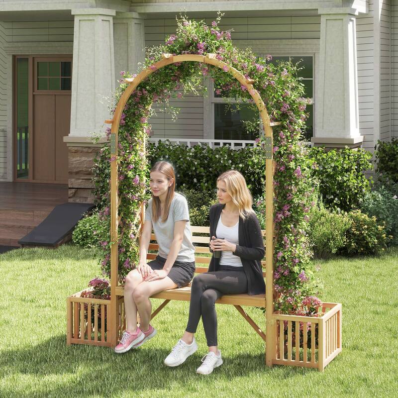 Costway Garden Bench Arbor Arch with Love Seat 2 Trellises & Planting - Wood - See Details - Wood