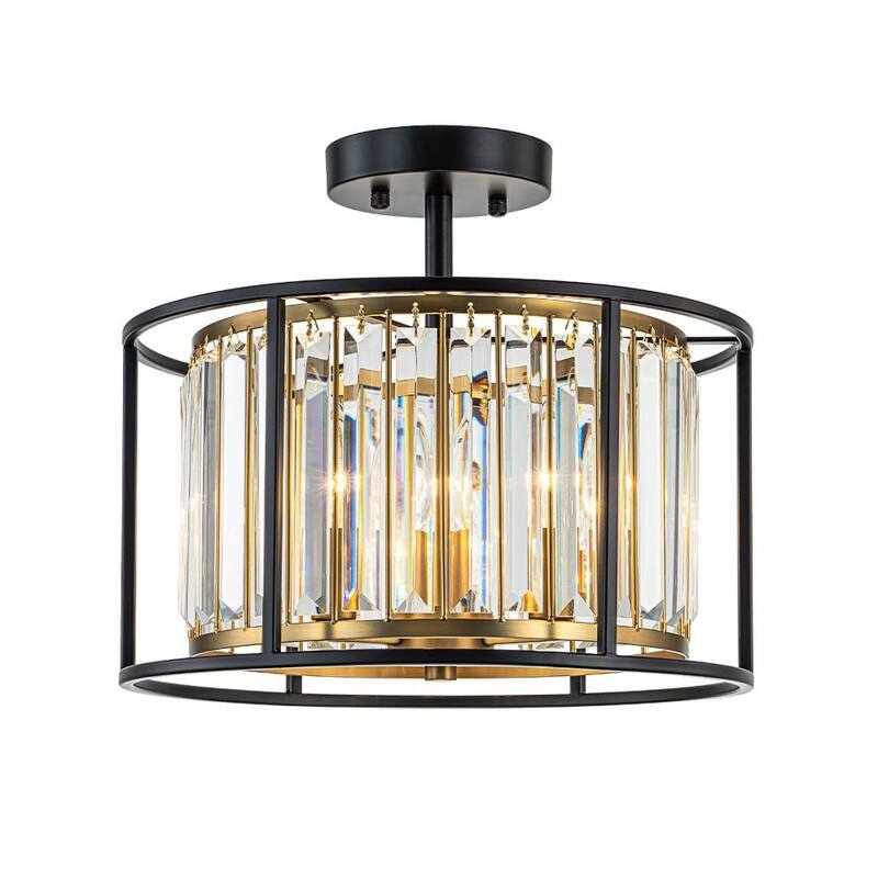 3-Light Crystal Black and Brass Drum Semi-flush Ceiling Light - 14.0in