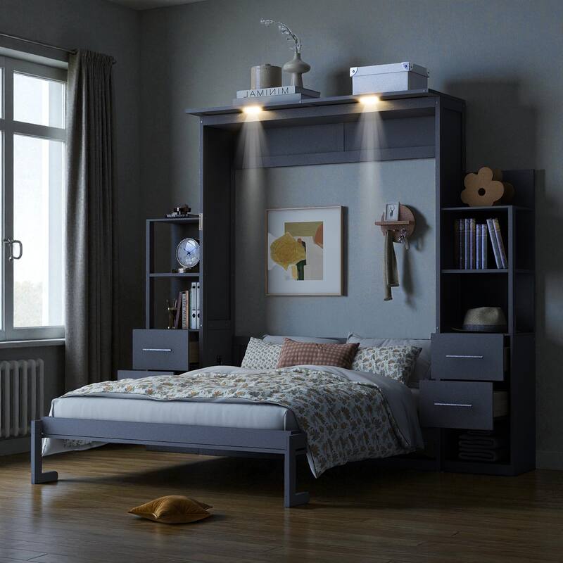 Queen Size Murphy Wall Bed with Shelves, Drawers and LED Lights, Space-Saving Foldable Bed for Guest Room or Home Office