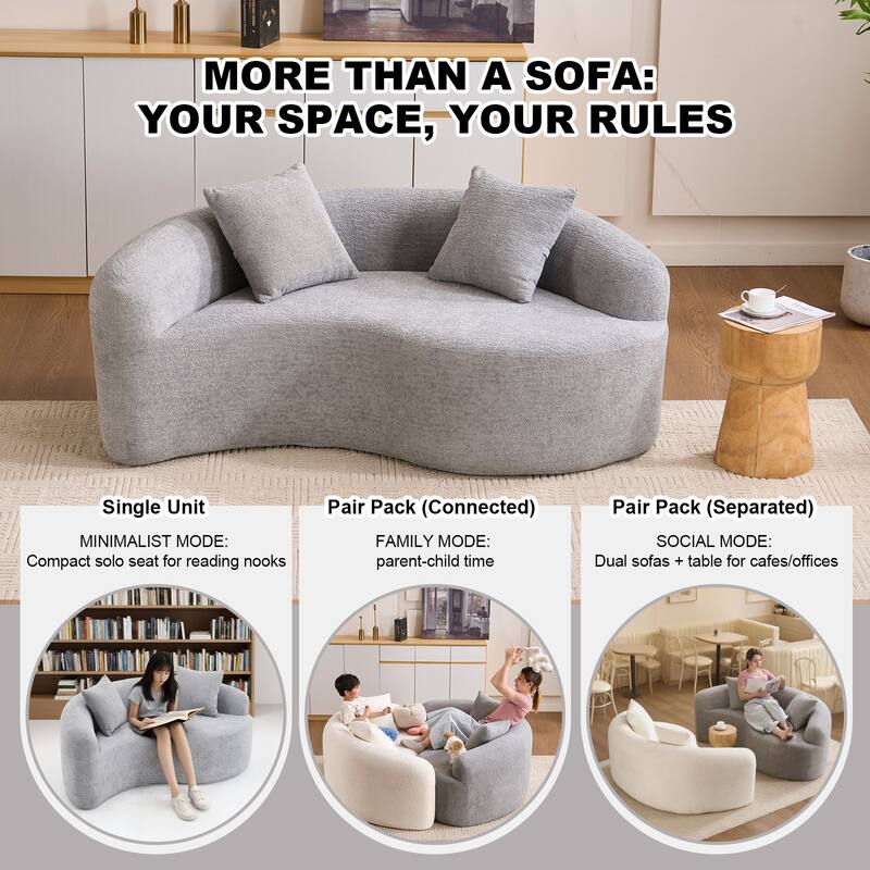 Yin-Yang Design Single Chaise Couch S-curved Chenille Sofa, Purchase 2pc for Combination into Tai Chi Round Sleeper Sofa Bed