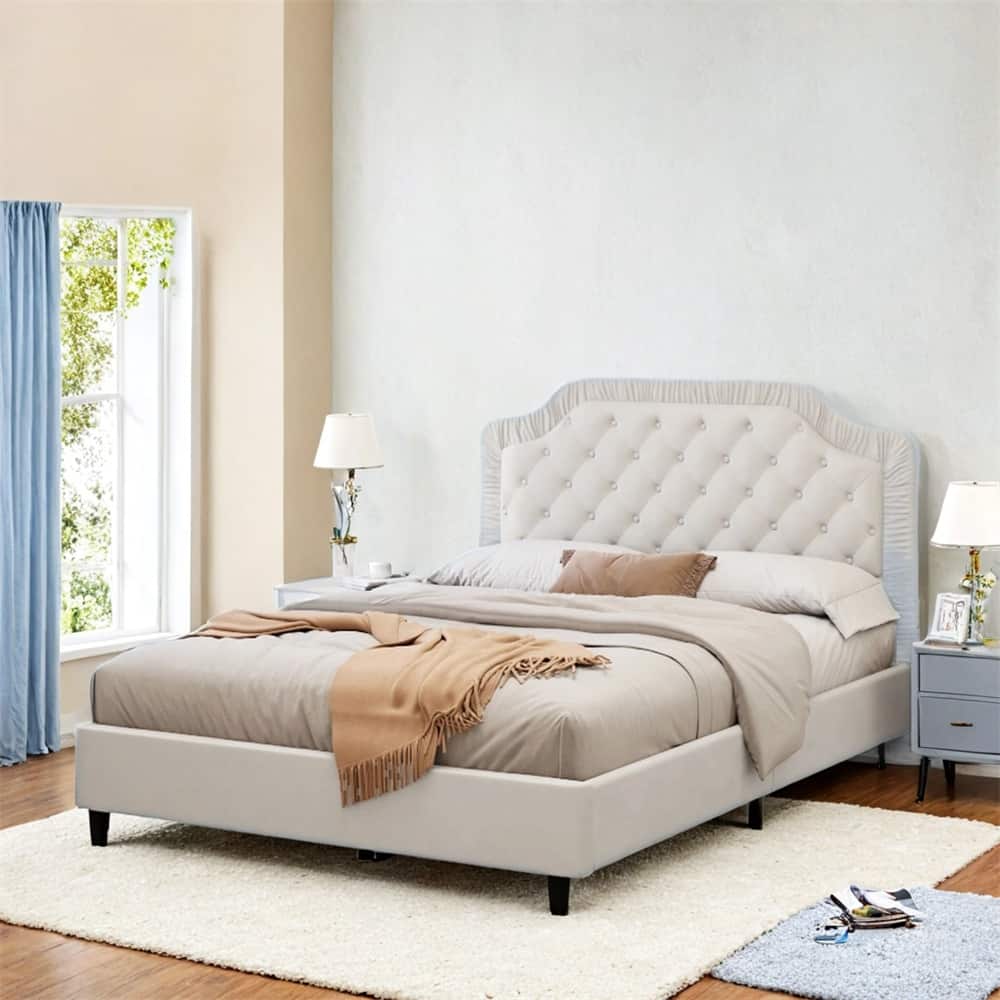 Queen Size Upholstered Bed with Ruched and Button Tufted Headboard