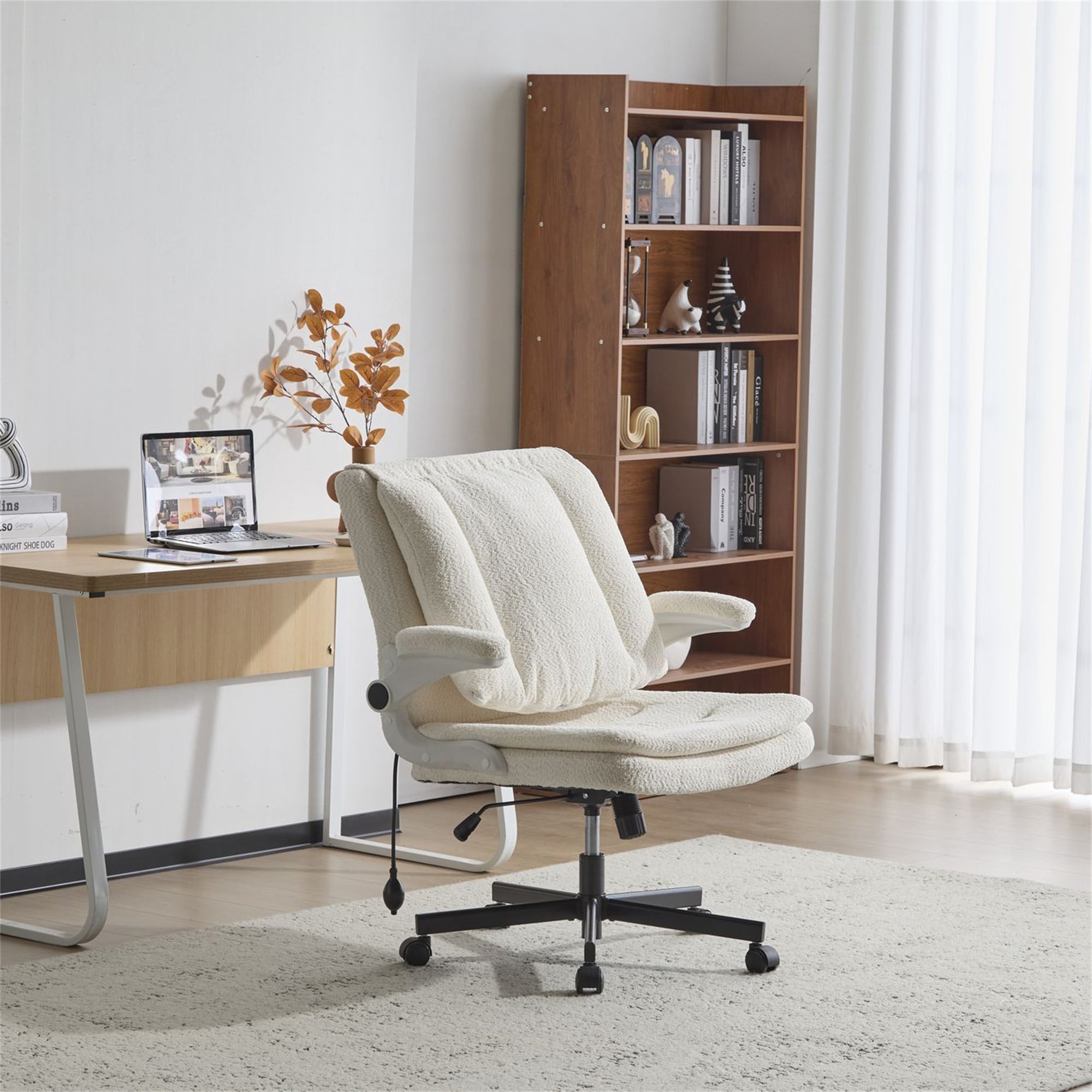 Leather Criss Cross Chair with Flip-Up Armrests,Office Chair on Wheels