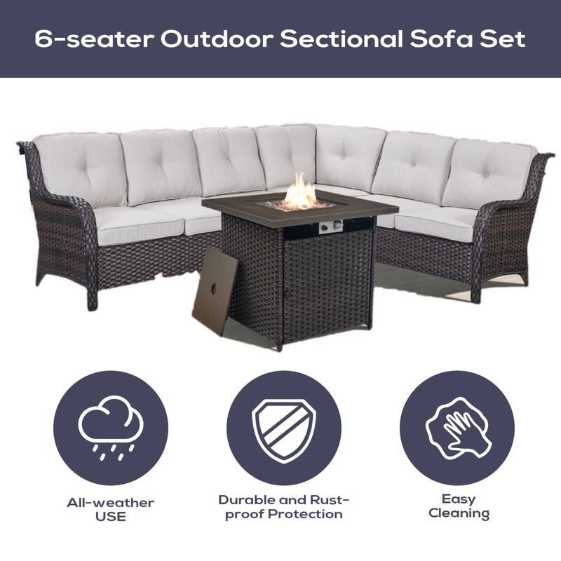 Outdoor Patio Sectional Sofa Couch with Fire Pit Table - Brown