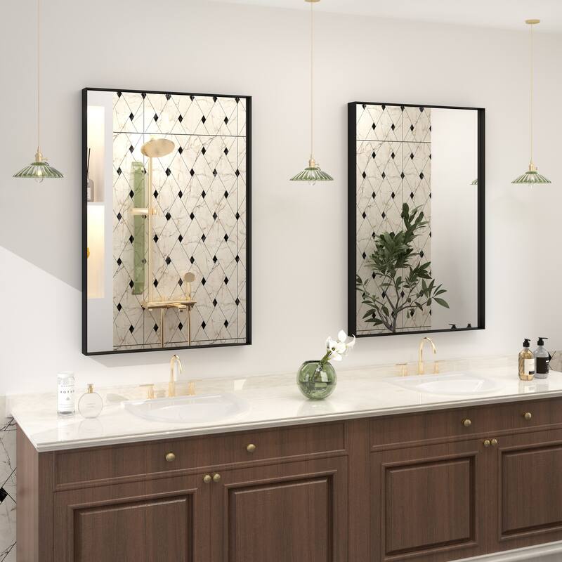Full Size Metal Frame Wall Mirror Black Tempered Glass for Bathroom