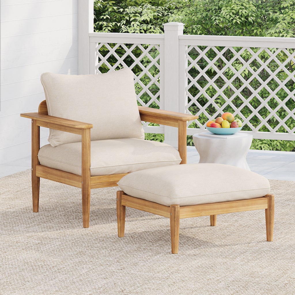 Christopher Knight Home- Marie Patio Acacia Wood Lounge Chair and Ottoman