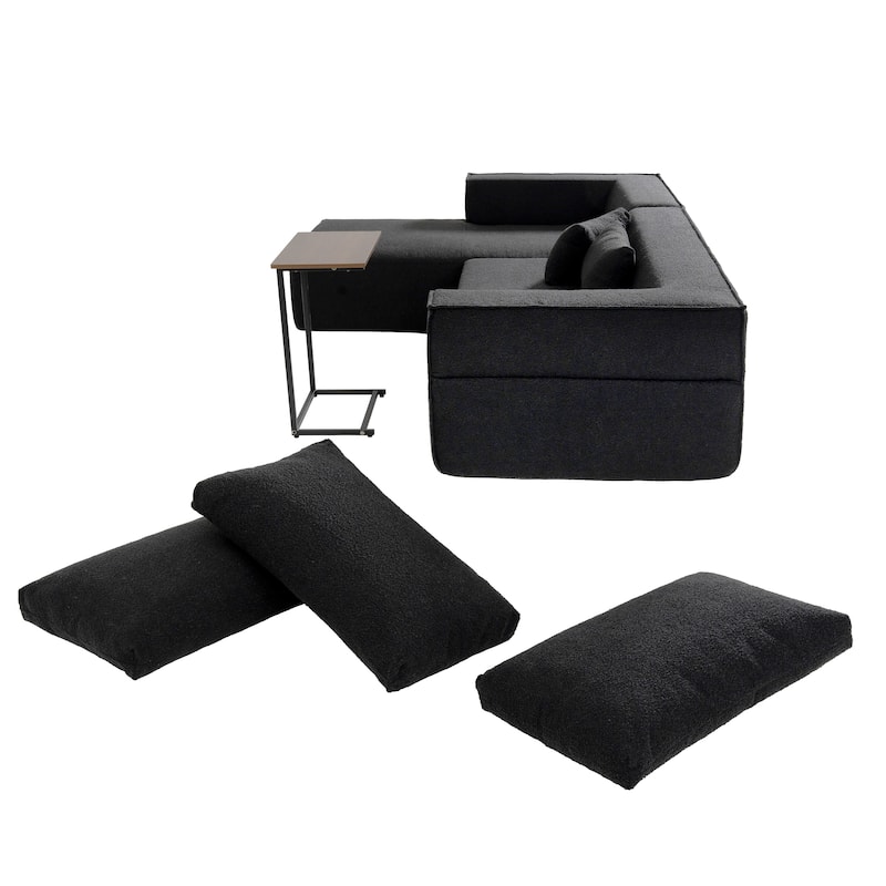 L Shaped Boucle Fabric Sectional Sofa w/ Chaise Lounge, Side Table, Pillows
