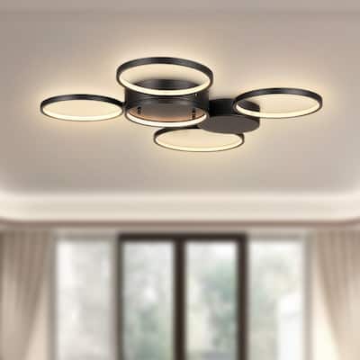 ExBrite Semi-Flush Mount Integrated LED Ceiling Light Fixtures Black Rings Pendant