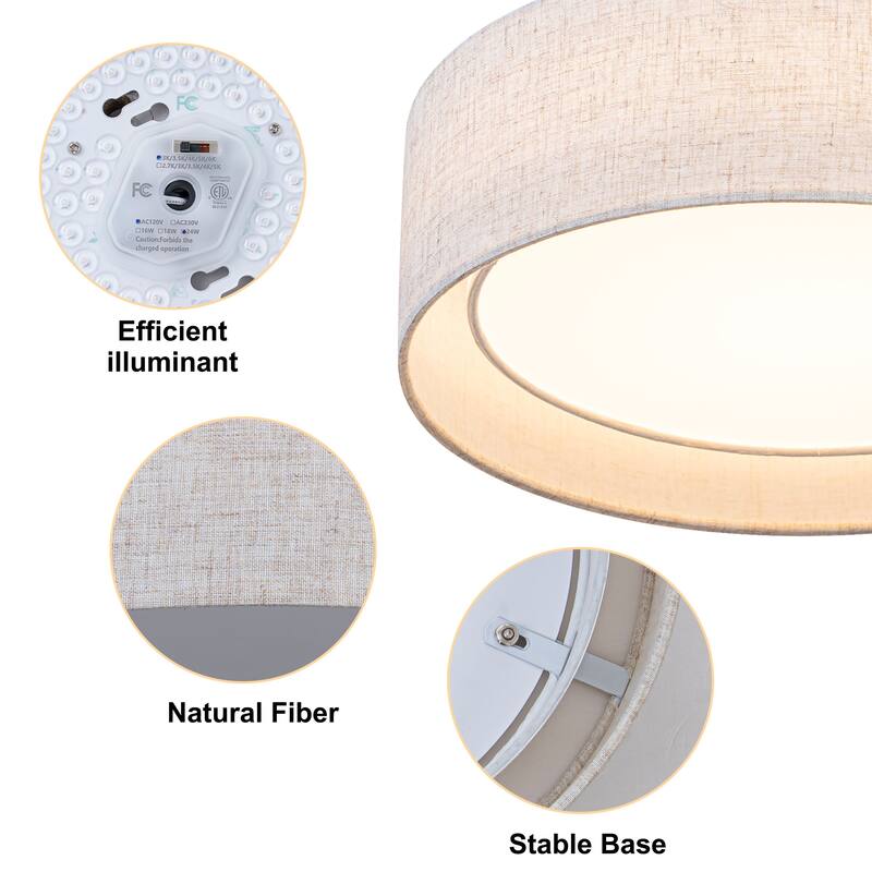 Starsky Modern Linen Drum Flush Mount Ceiling Light with 5-CCT Selectable LED (3000-6000K)