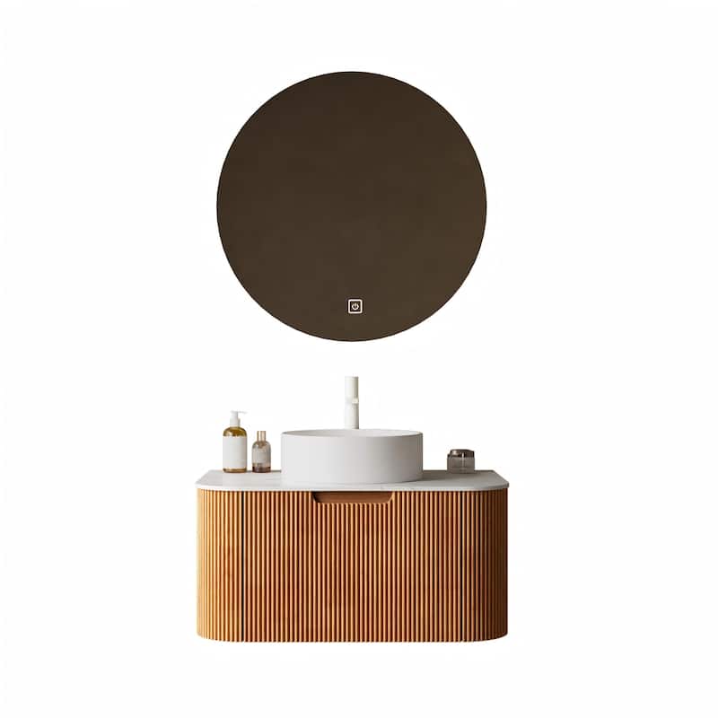 Modland Walnut 24/30/36 inch Bathroom Vanity with White Ceramic Vessel Sink, Modern Wall Mounted Floating