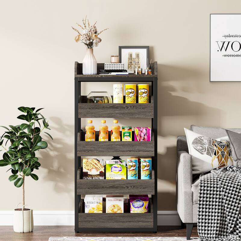 5-Tier Freestanding Wood Fruit Basket Stand, Vegetable and Fruit Storage Retail Display Rack Stand