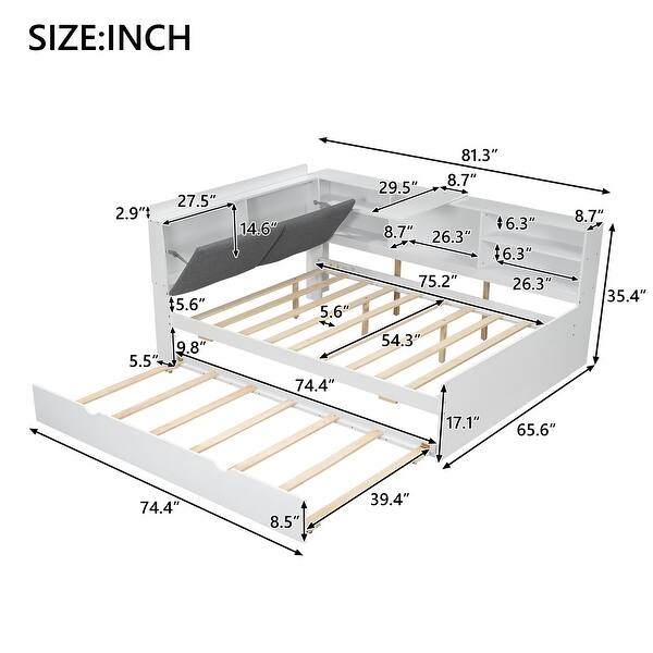 dimension image slide 1 of 2, Full Size Wood Platform Bed with Trundle, Shelves and Storage Headboard, White