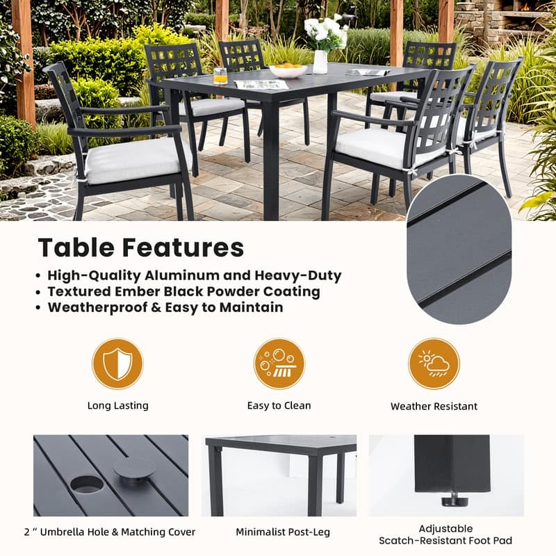 7-Piece Modern Classic Outdoor Patio Dining Set: Rectangular Cast Aluminum Table & 6 Swivel Rock Chairs, Sunbrella Cushions,