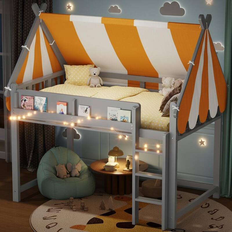 Loft Bed with Canopy, LED Fairy Lights & Front Bookshelf by Harper&Bright Designs