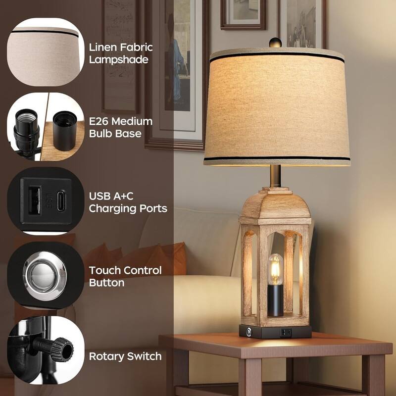 26 Tall Farmhouse Table Lamp for Living Room, Set of 2 Bedside Lamps with USB A+C and Nightlight, 3-Way Dimmable Touch Control