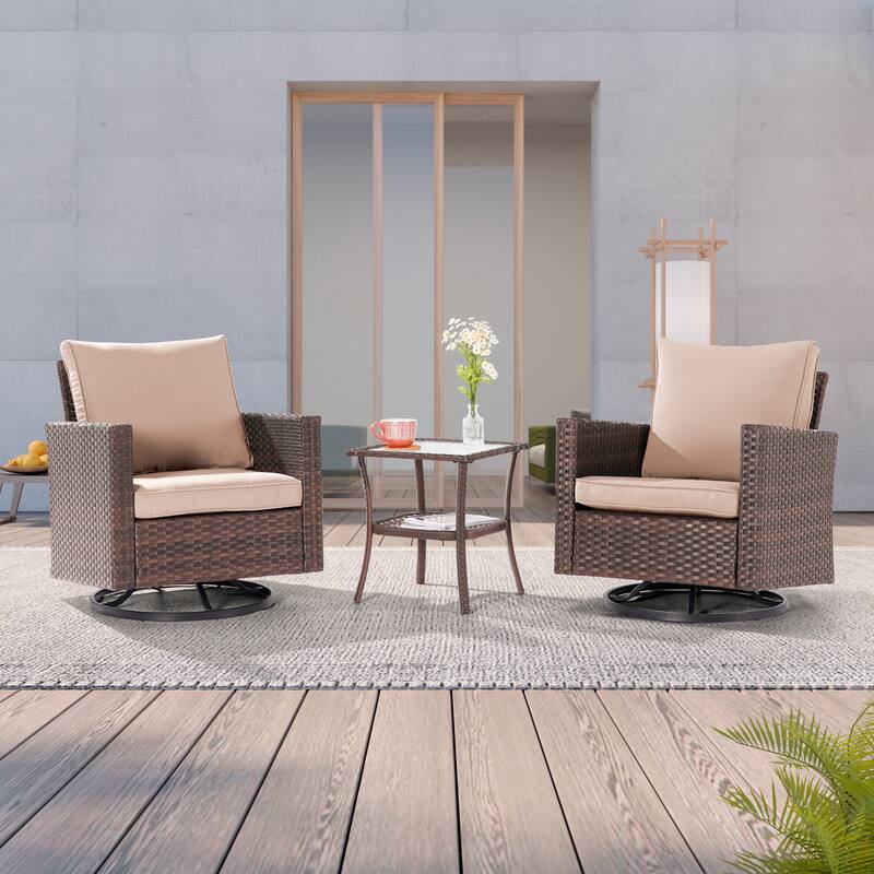LIVOOSUN 3-Piece Patio Sofa Set Brown Rattan Swivel Rocking Chair Glass Table - Beige