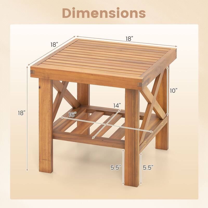 18" Acacia Wood Outdoor Side Table with Open Storage Shelf and X-Shaped Frames for Patio or Garden - 18" x 18" x 18"
