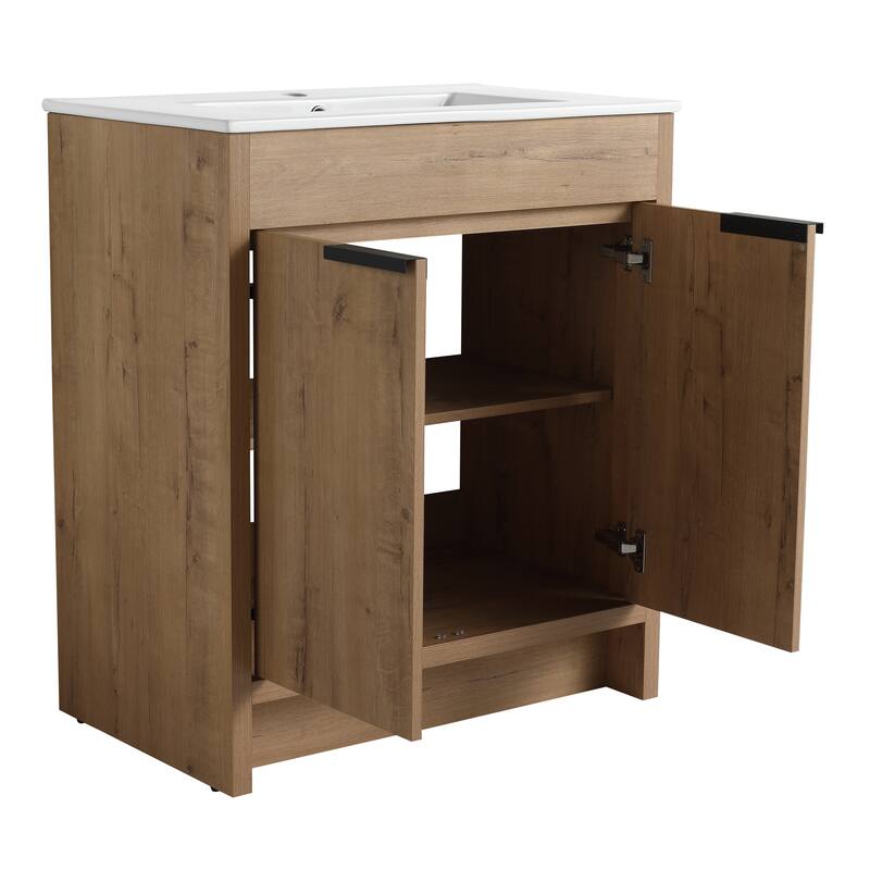 Freestanding Bathroom Vanity with Ceramic Sink, Adjustable Shelf, Metal Handles, Soft Closing Hinges - 30in L Plywood