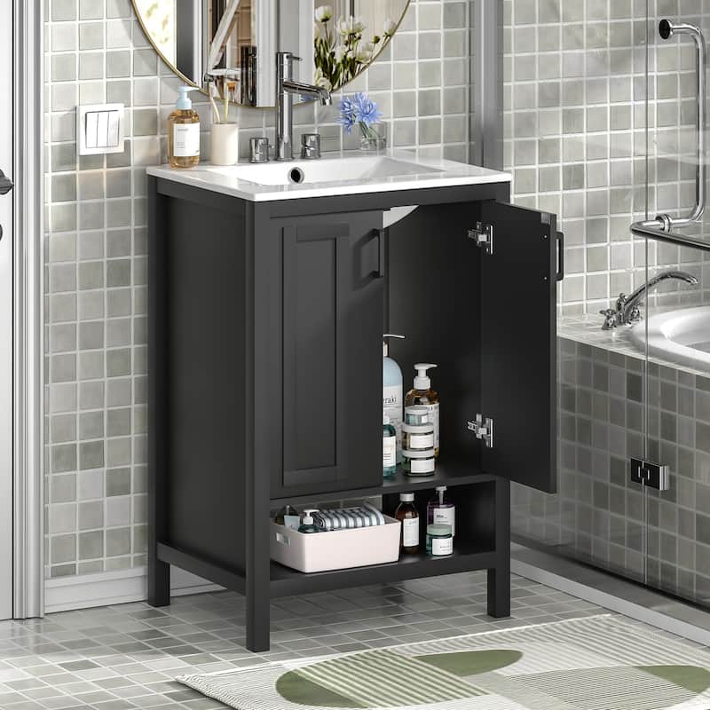 Anmytek 24'' Single Bathroom Vanity Cabinet with Ceramic Sink Combo Bathroom Storage Cabinet With Soft Close Doors