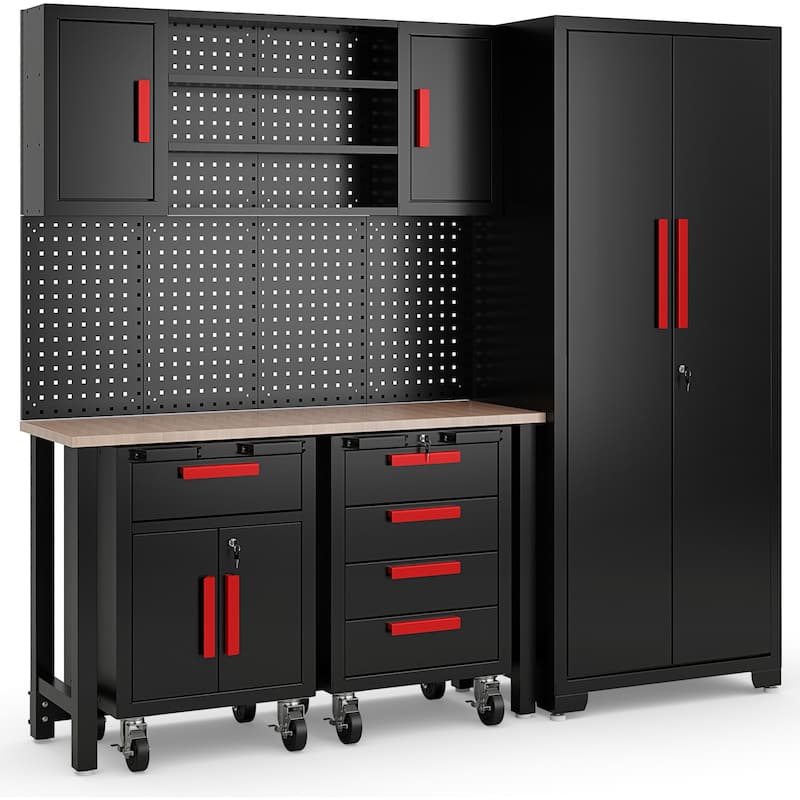 Costway 6PCS Garage Cabinets and Storage System Set with Pegboard & - See Details - Black and Red
